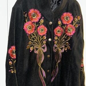 VINTAGE Bob Mackie Black Floral Embroidered Coat with Textured Fabric